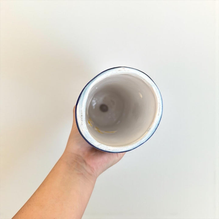 Hand Painted Mexican Talavera Snowy Candle Blue White Christmas Luminary Decor