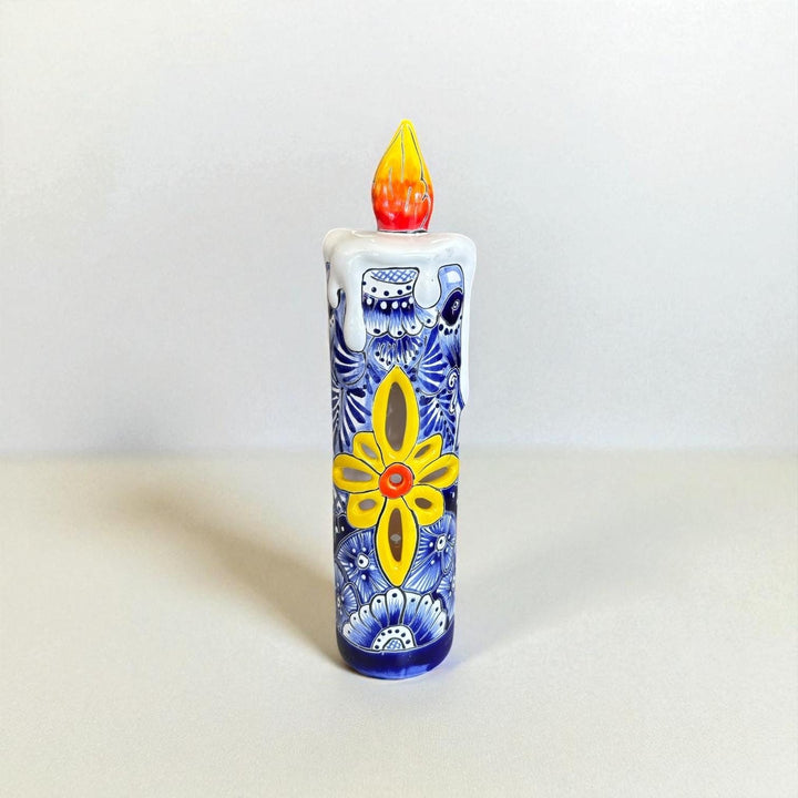 Hand Painted Mexican Talavera Snowy Candle Blue White Christmas Luminary Decor