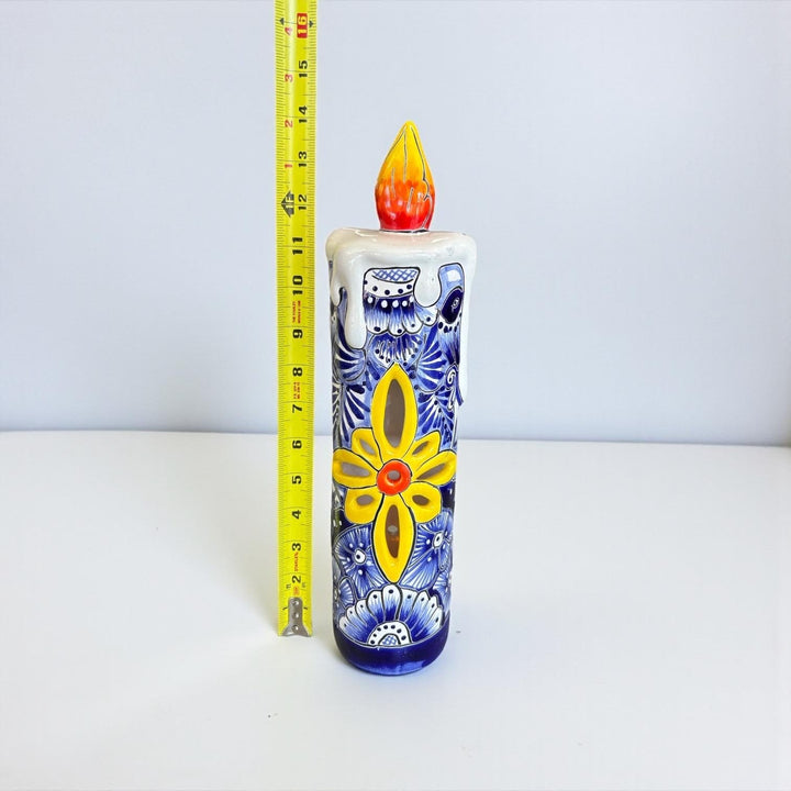 Hand Painted Mexican Talavera Snowy Candle Blue White Christmas Luminary Decor