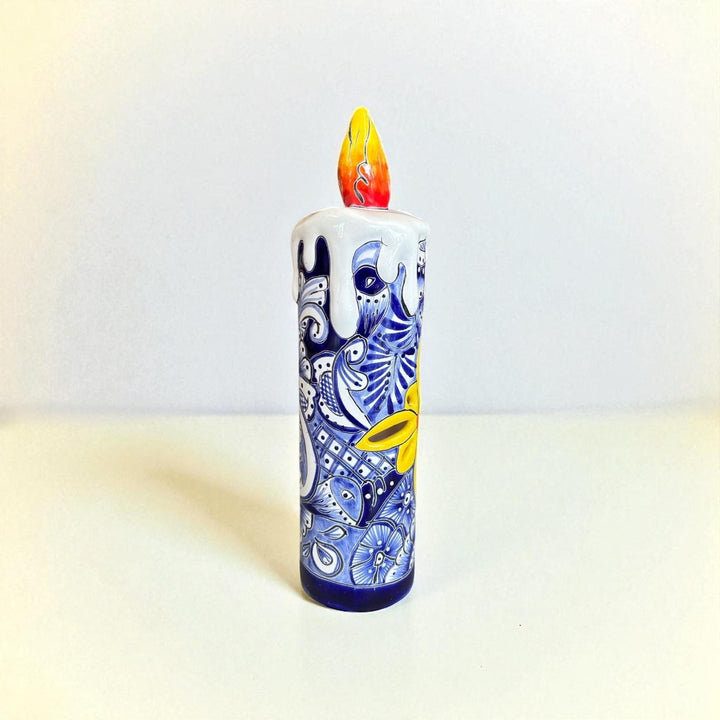 Hand Painted Mexican Talavera Snowy Candle Blue White Christmas Luminary Decor