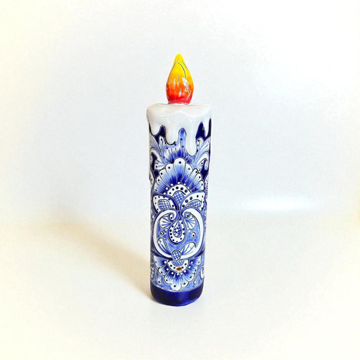 Hand Painted Mexican Talavera Snowy Candle Blue White Christmas Luminary Decor