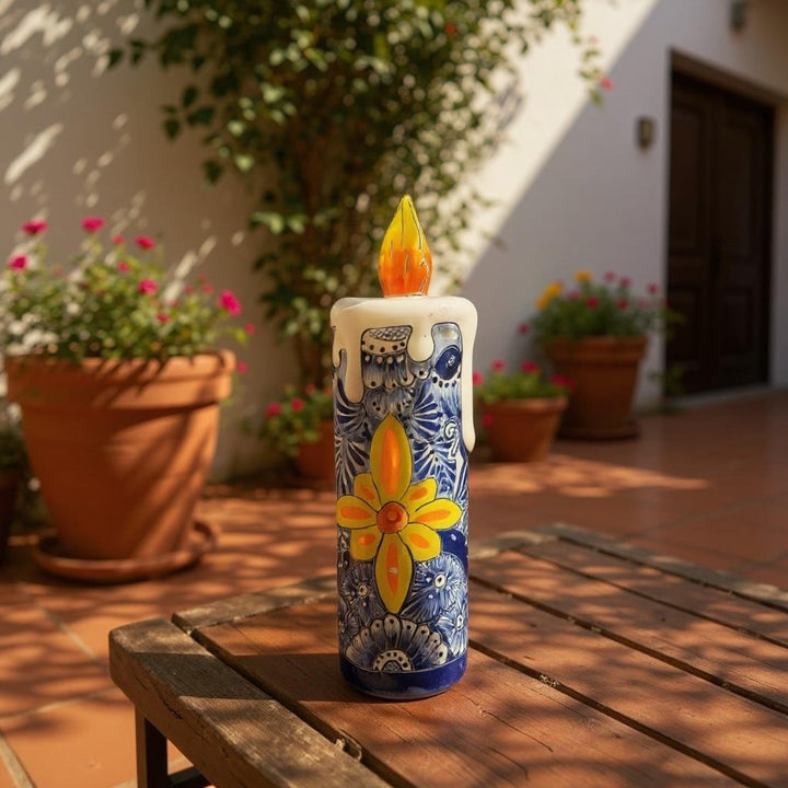 Hand Painted Mexican Talavera Snowy Candle Blue White Christmas Luminary Decor