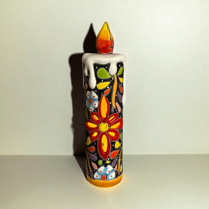 Hand Painted Mexican Talavera Snowy Candle Black Floral Christmas Luminary Decor