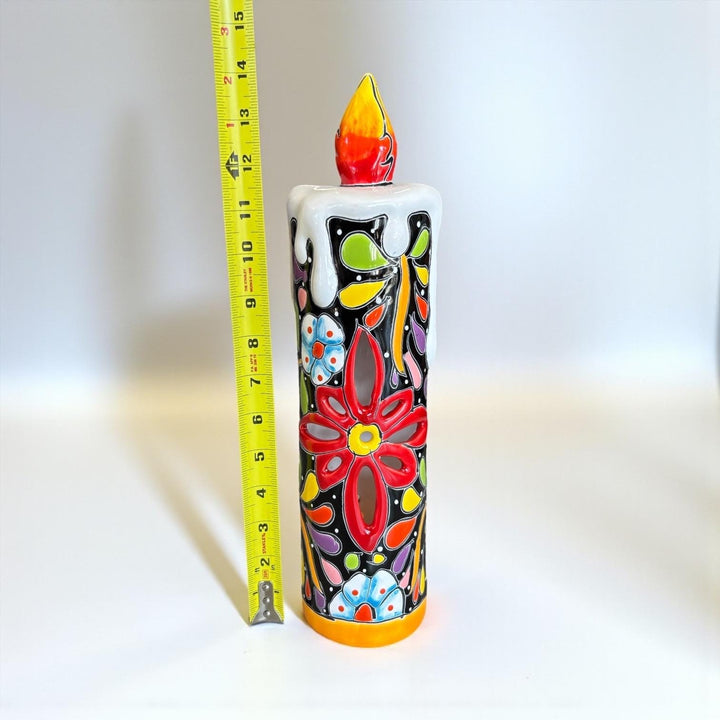 Hand Painted Mexican Talavera Snowy Candle Black Floral Christmas Luminary Decor