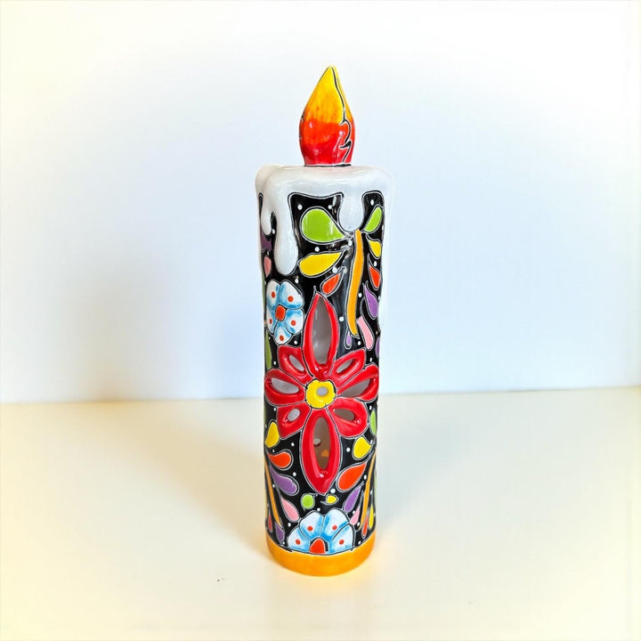 Hand Painted Mexican Talavera Snowy Candle Black Floral Christmas Luminary Decor