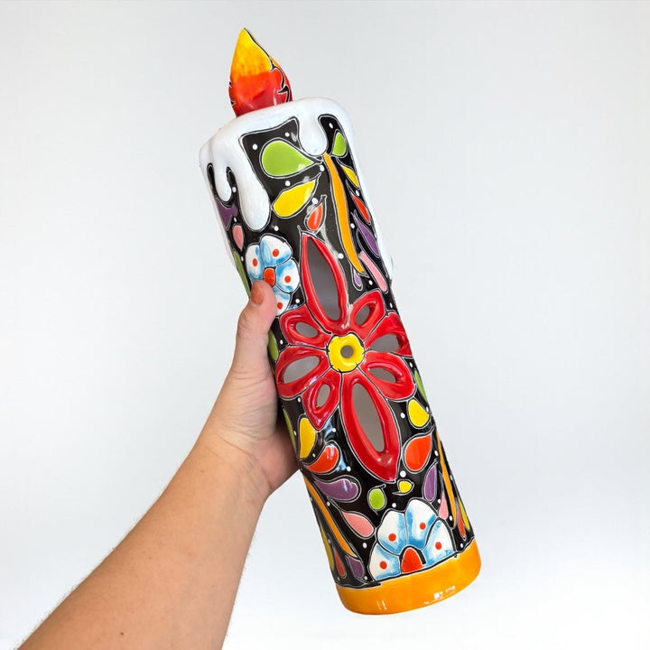 Hand Painted Mexican Talavera Snowy Candle Black Floral Christmas Luminary Decor