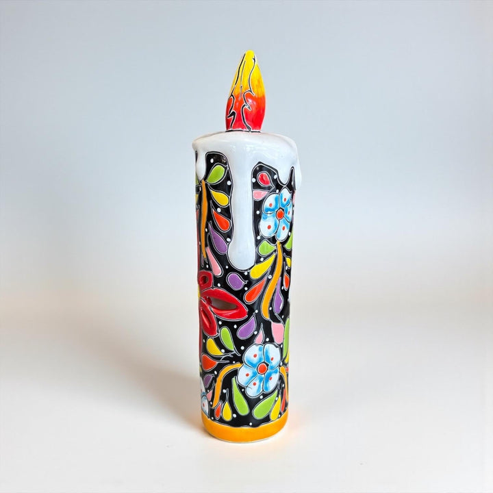 Hand Painted Mexican Talavera Snowy Candle Black Floral Christmas Luminary Decor