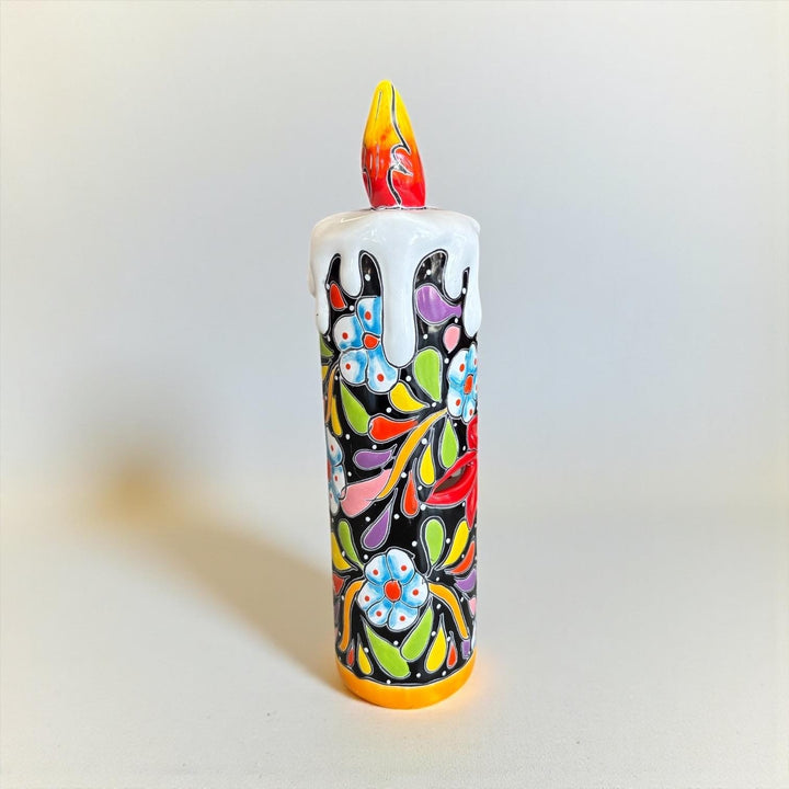 Hand Painted Mexican Talavera Snowy Candle Black Floral Christmas Luminary Decor