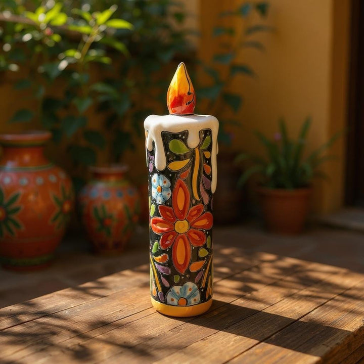 Hand Painted Mexican Talavera Snowy Candle Black Floral Christmas Luminary Decor