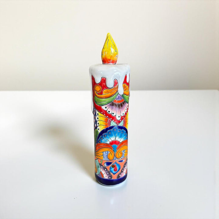 Hand Painted Mexican Talavera Snowy Candle Blue Christmas Luminary Decor