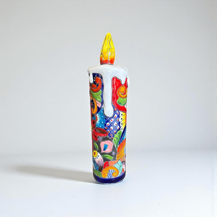 Hand Painted Mexican Talavera Snowy Candle Blue Christmas Luminary Decor