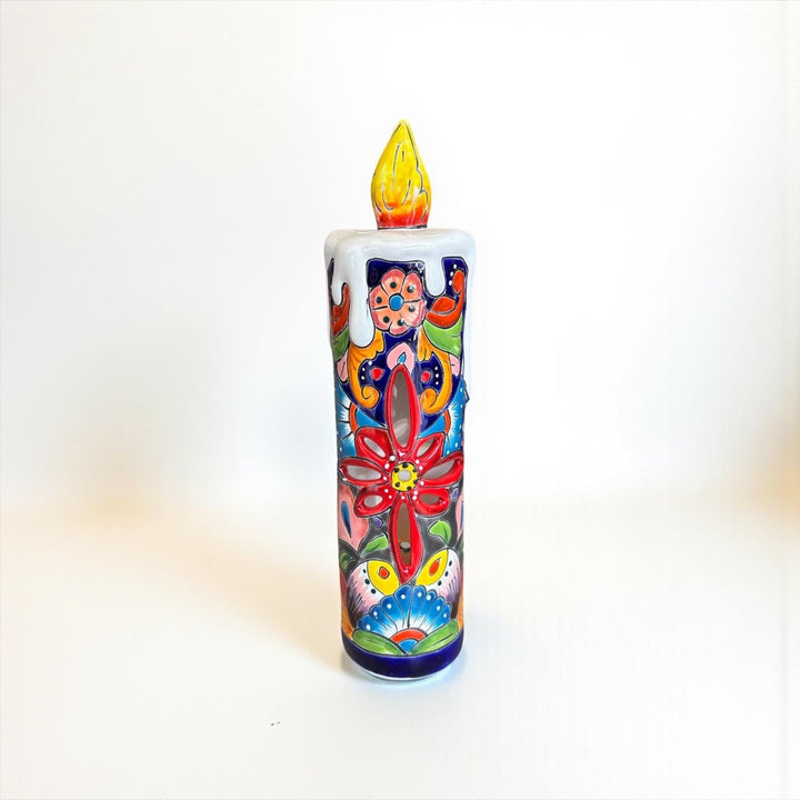 Hand Painted Mexican Talavera Snowy Candle Blue Christmas Luminary Decor
