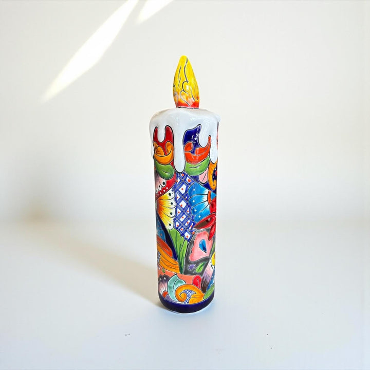 Hand Painted Mexican Talavera Snowy Candle Blue Christmas Luminary Decor