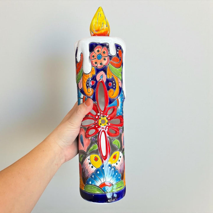 Hand Painted Mexican Talavera Snowy Candle Blue Christmas Luminary Decor