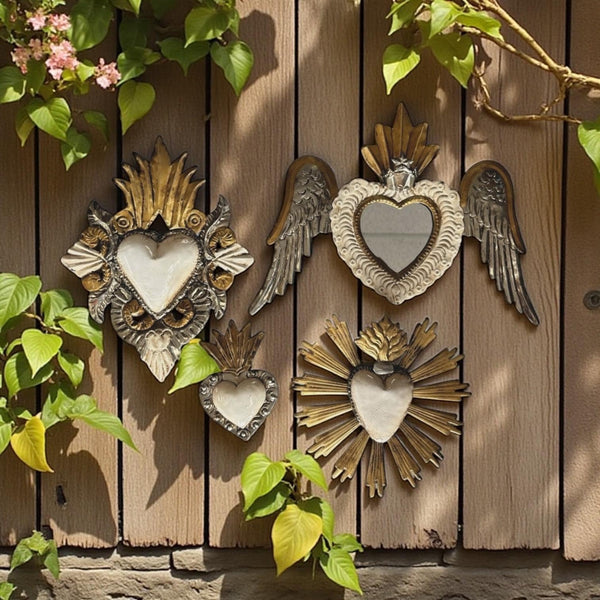 Small Handmade Mexican White Tin Hearts Wall Decor – Assorted Designs (Corazon Sagrado Inspired)