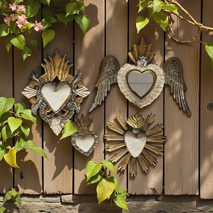 Small Handmade Mexican White Tin Hearts Wall Decor – Assorted Designs (Corazon Sagrado Inspired)