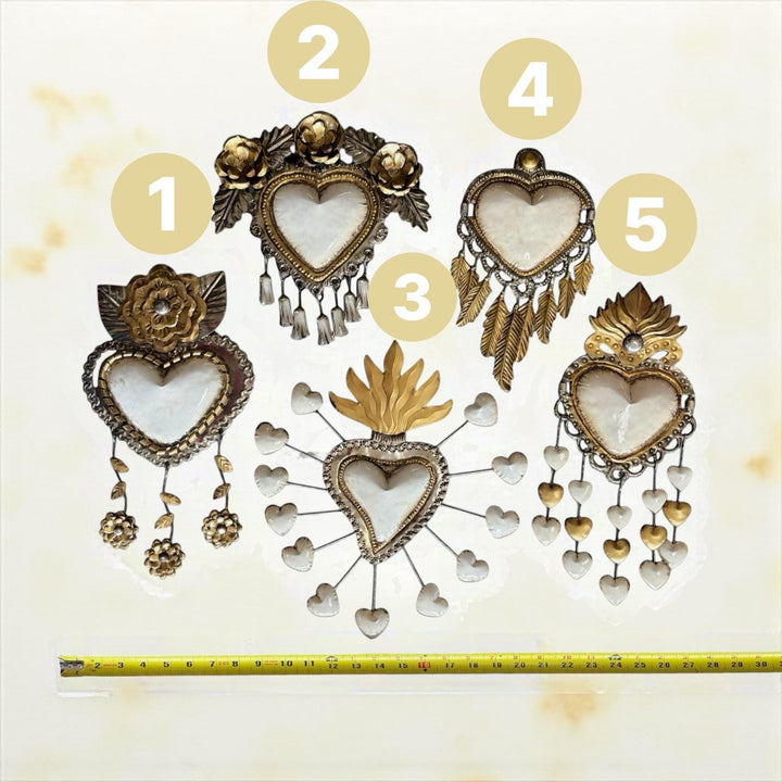 Medium Handmade Mexican White Tin Hearts Wall Decor – Assorted Designs (Corazon Sagrado Inspired)
