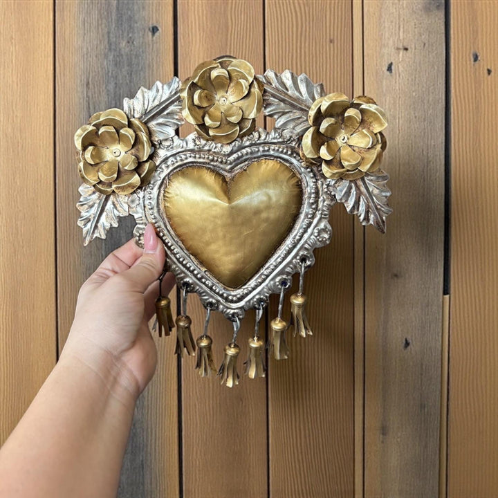 Medium Handmade Mexican Gold Tin Hearts Wall Decor – Assorted Designs (Corazon Sagrado Inspired)
