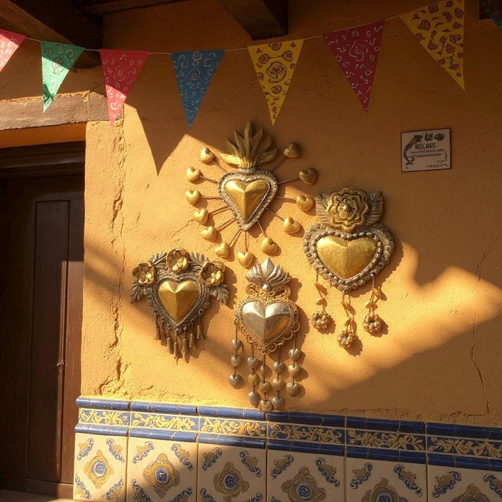 Medium Handmade Mexican Gold Tin Hearts Wall Decor – Assorted Designs (Corazon Sagrado Inspired)