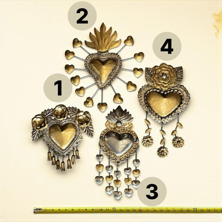Medium Handmade Mexican Gold Tin Hearts Wall Decor – Assorted Designs (Corazon Sagrado Inspired)