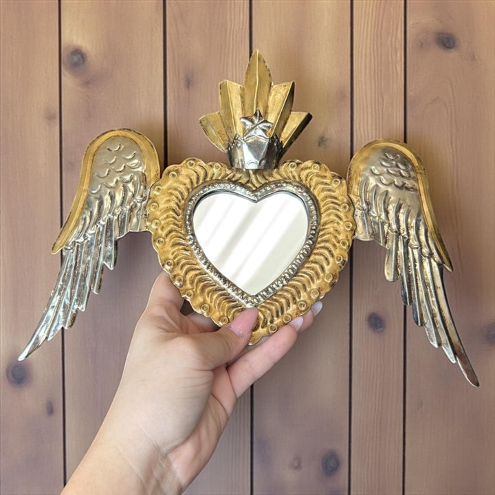 Small Handmade Mexican Gold Tin Hearts Wall Decor – Assorted Designs (Corazon Sagrado Inspired)
