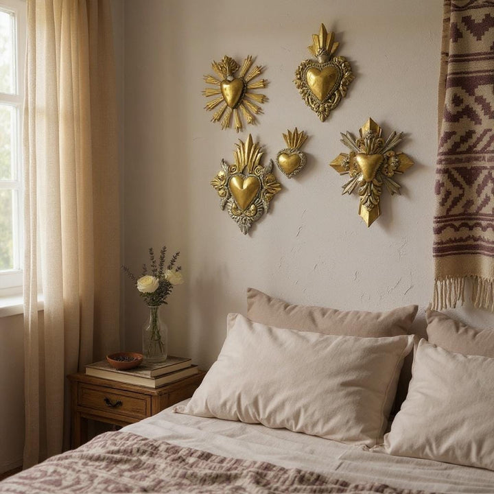 Small Handmade Mexican Gold Tin Hearts Wall Decor – Assorted Designs (Corazon Sagrado Inspired)