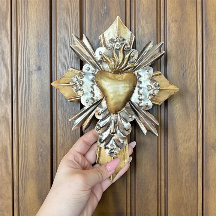 Small Handmade Mexican Gold Tin Hearts Wall Decor – Assorted Designs (Corazon Sagrado Inspired)