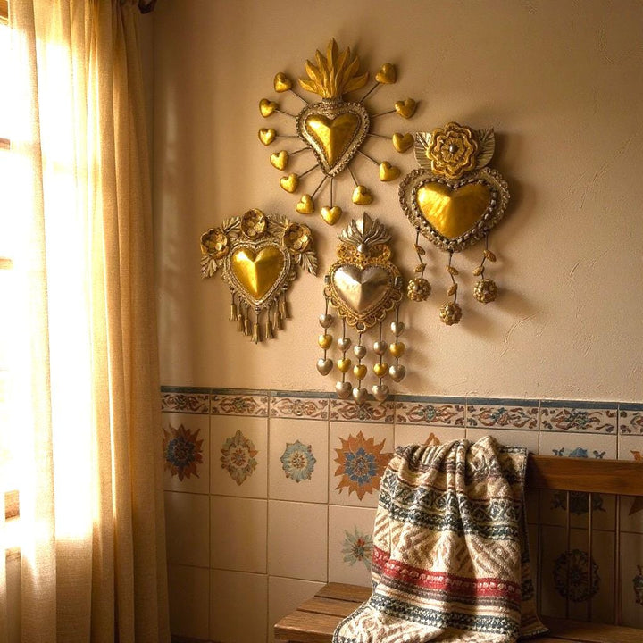 Medium Handmade Mexican Gold Tin Hearts Wall Decor – Assorted Designs (Corazon Sagrado Inspired)