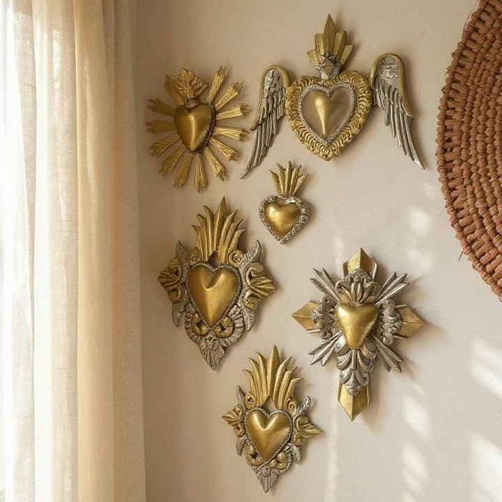 Small Handmade Mexican Gold Tin Hearts Wall Decor – Assorted Designs (Corazon Sagrado Inspired)