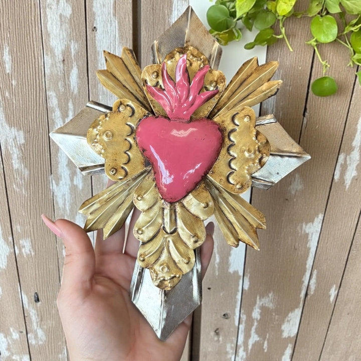 Handmade Mexican Pink Tin Hearts Wall Decor – Assorted Designs (Corazon Sagrado Inspired)