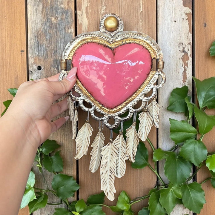 Handmade Mexican Pink Tin Hearts Wall Decor – Assorted Designs (Corazon Sagrado Inspired)