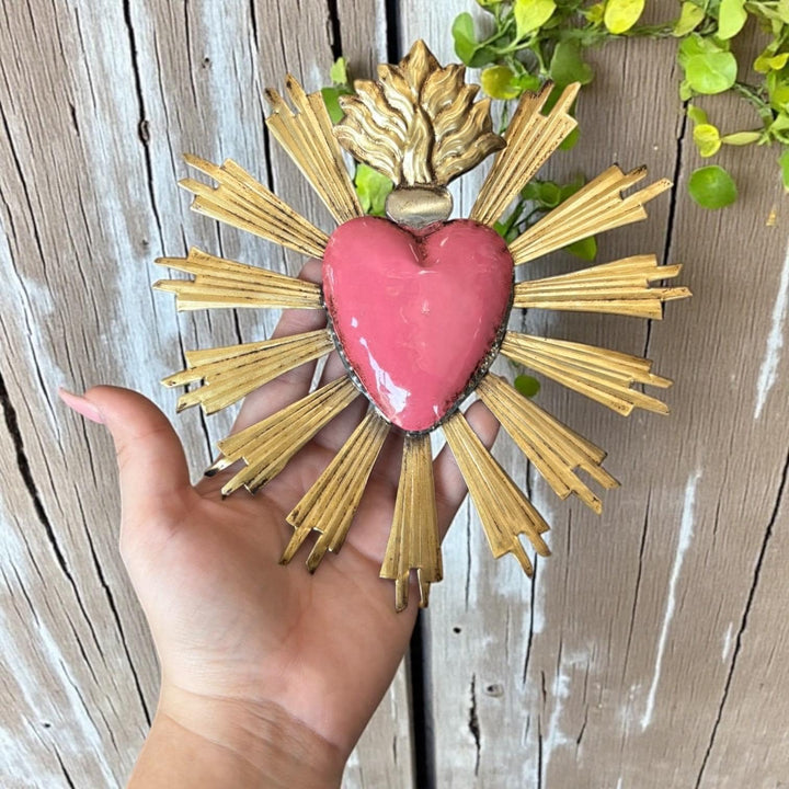 Handmade Mexican Pink Tin Hearts Wall Decor – Assorted Designs (Corazon Sagrado Inspired)