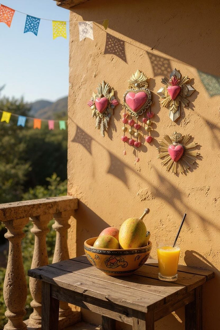 Handmade Mexican Pink Tin Hearts Wall Decor – Assorted Designs (Corazon Sagrado Inspired)