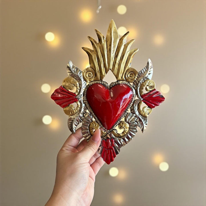 Handmade Mexican Red Tin Hearts Wall Decor – Assorted Designs (Corazon Sagrado Inspired)