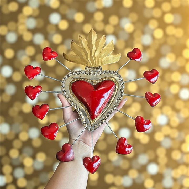 Handmade Mexican Red Tin Hearts Wall Decor – Assorted Designs (Corazon Sagrado Inspired)