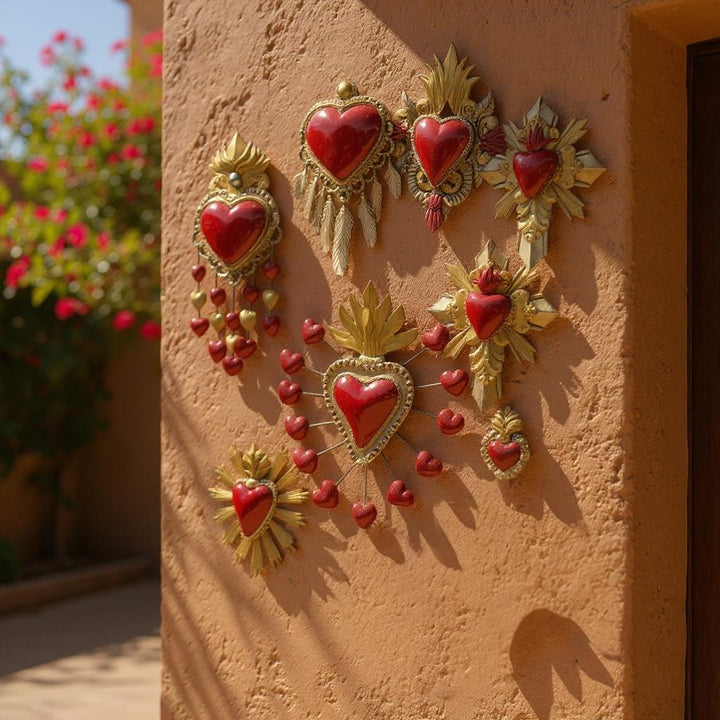 Handmade Mexican Red Tin Hearts Wall Decor – Assorted Designs (Corazon Sagrado Inspired)