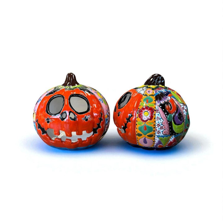 Hand Painted Mexican Talavera Halloween Orange Jack O Lantern, Tabletop Large (Varying Design)