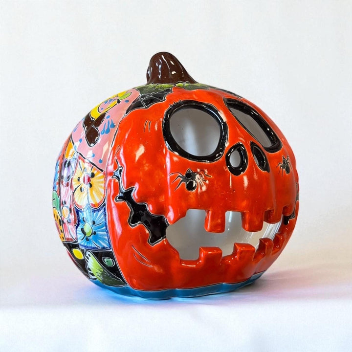 Hand Painted Mexican Talavera Halloween Orange Jack O Lantern, Tabletop Large (Varying Design)