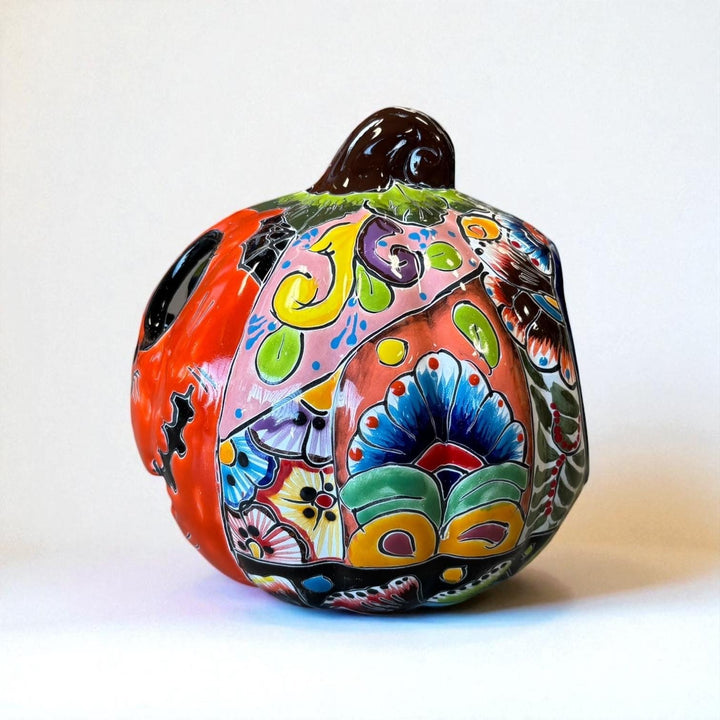 Hand Painted Mexican Talavera Halloween Orange Jack O Lantern, Tabletop Large (Varying Design)