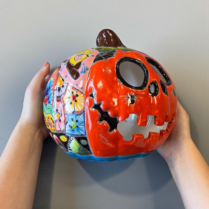Hand Painted Mexican Talavera Halloween Orange Jack O Lantern, Tabletop Large (Varying Design)