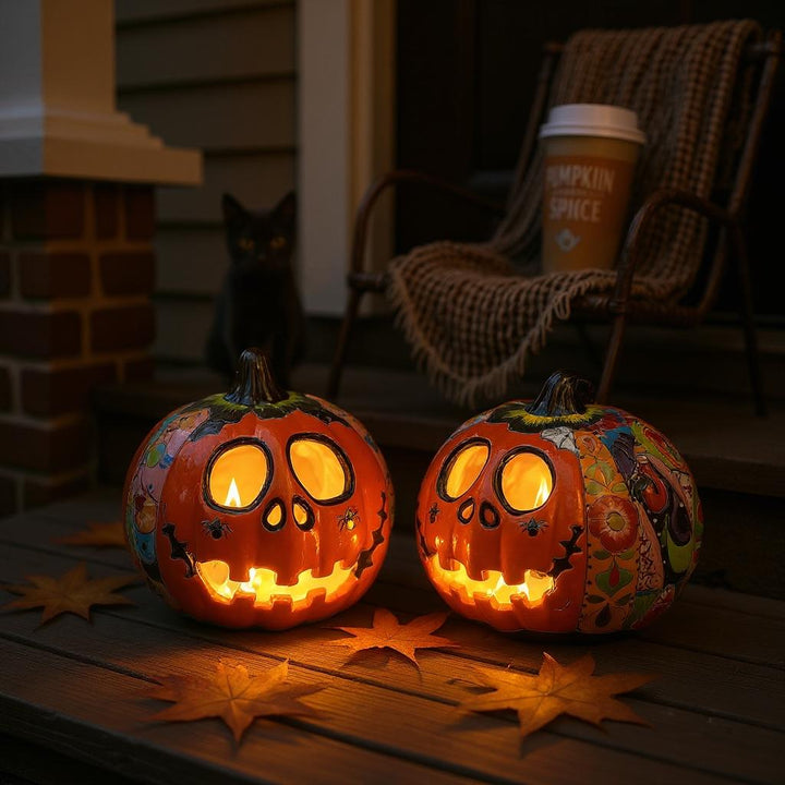Hand Painted Mexican Talavera Halloween Orange Jack O Lantern, Tabletop Large (Varying Design)