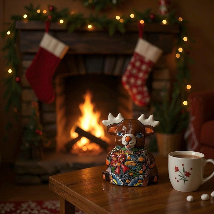 Hand Painted Talavera Brown Reindeer with Gift Christmas Luminary Decor