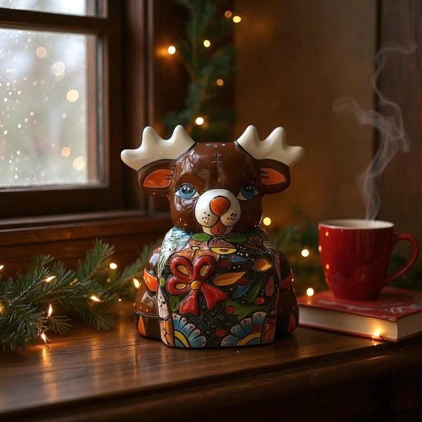 Hand Painted Talavera Brown Reindeer with Gift Christmas Luminary Decor