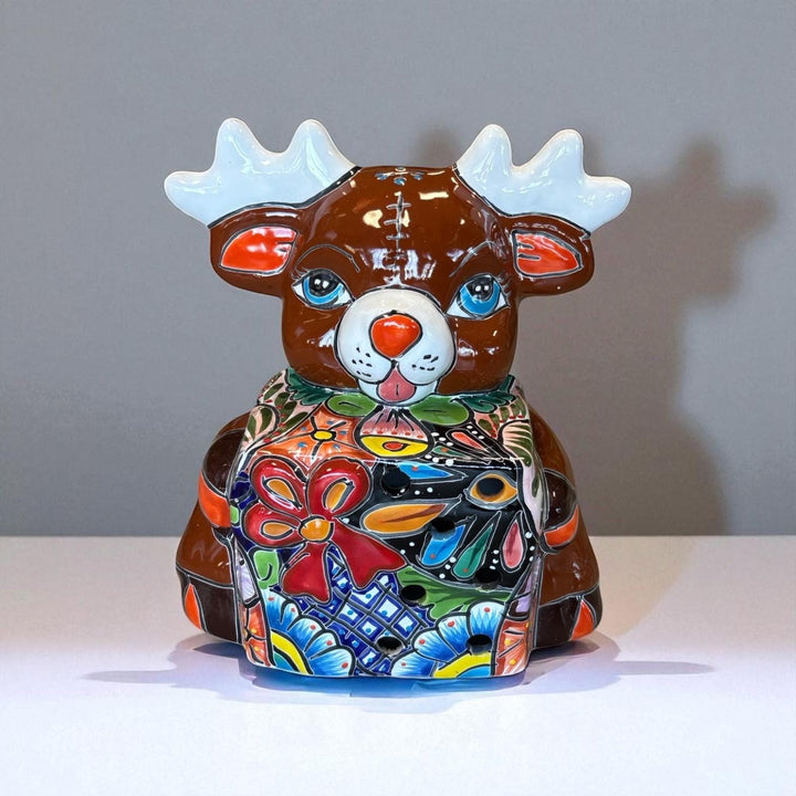 Hand Painted Talavera Brown Reindeer with Gift Christmas Luminary Decor