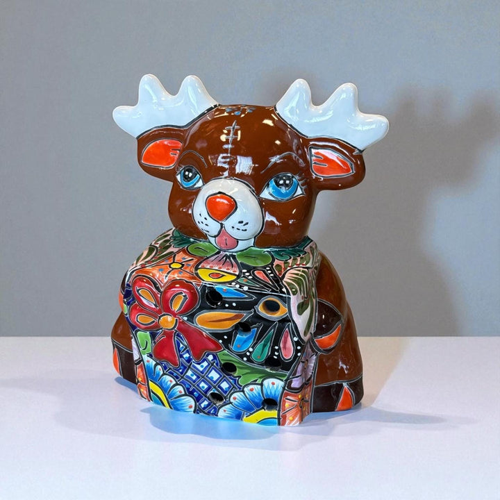 Hand Painted Talavera Brown Reindeer with Gift Christmas Luminary Decor