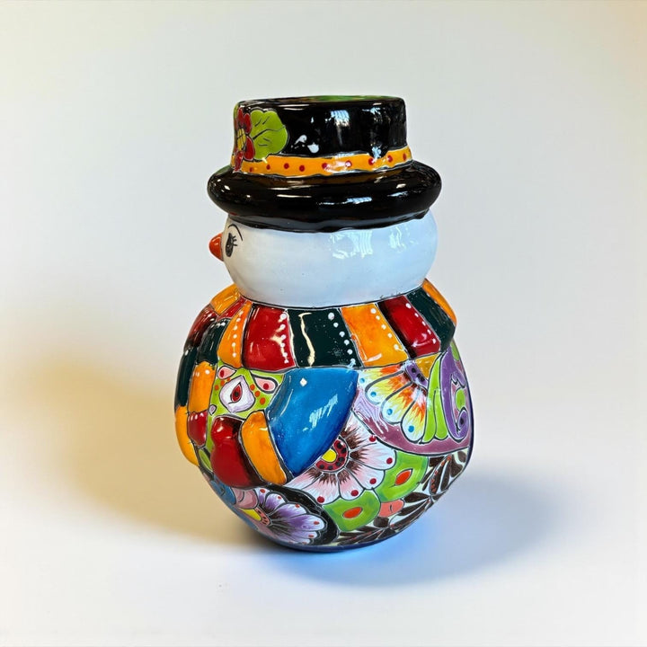 Hand Painted Talavera Multicolor Snowman Christmas Luminary Decor