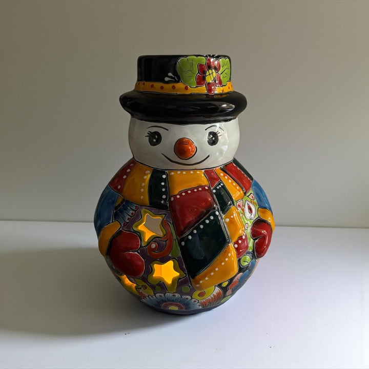 Hand Painted Talavera Multicolor Snowman Christmas Luminary Decor