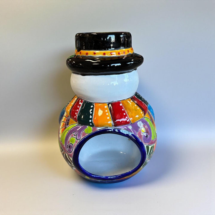 Hand Painted Talavera Multicolor Snowman Christmas Luminary Decor