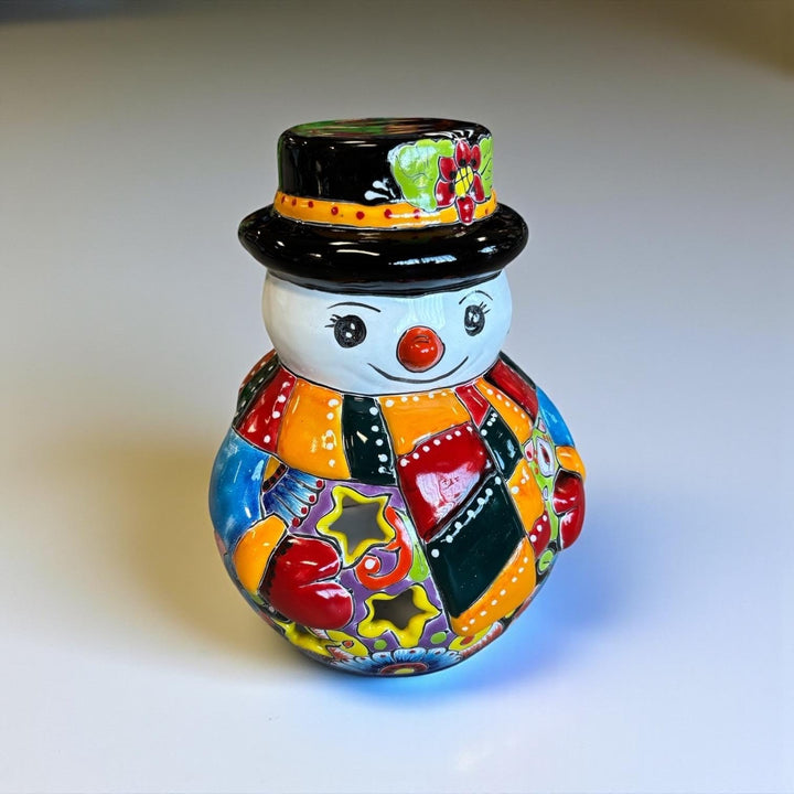 Hand Painted Talavera Multicolor Snowman Christmas Luminary Decor