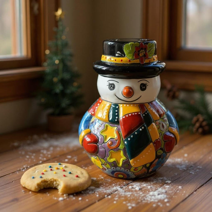 Hand Painted Talavera Multicolor Snowman Christmas Luminary Decor